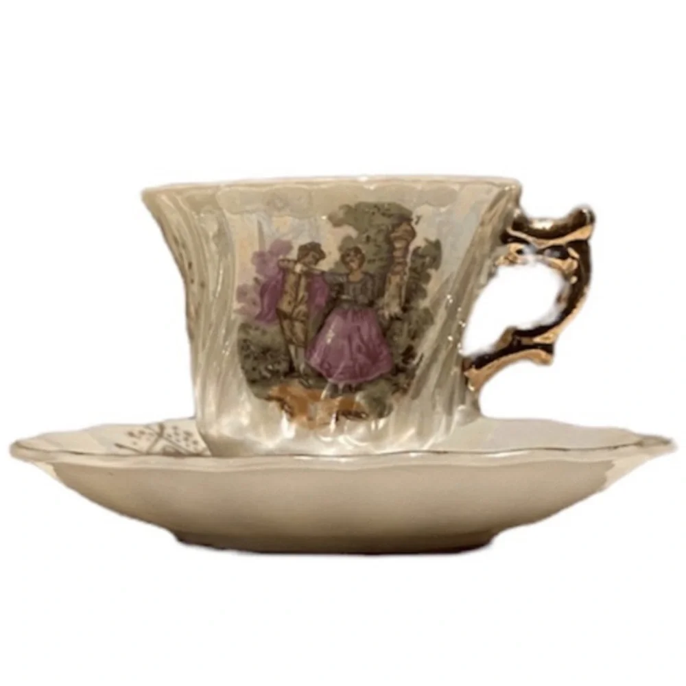 Victorian Lovers Teacups Courting Couple 1900s Japan 24K Gold Pearl Demitasse